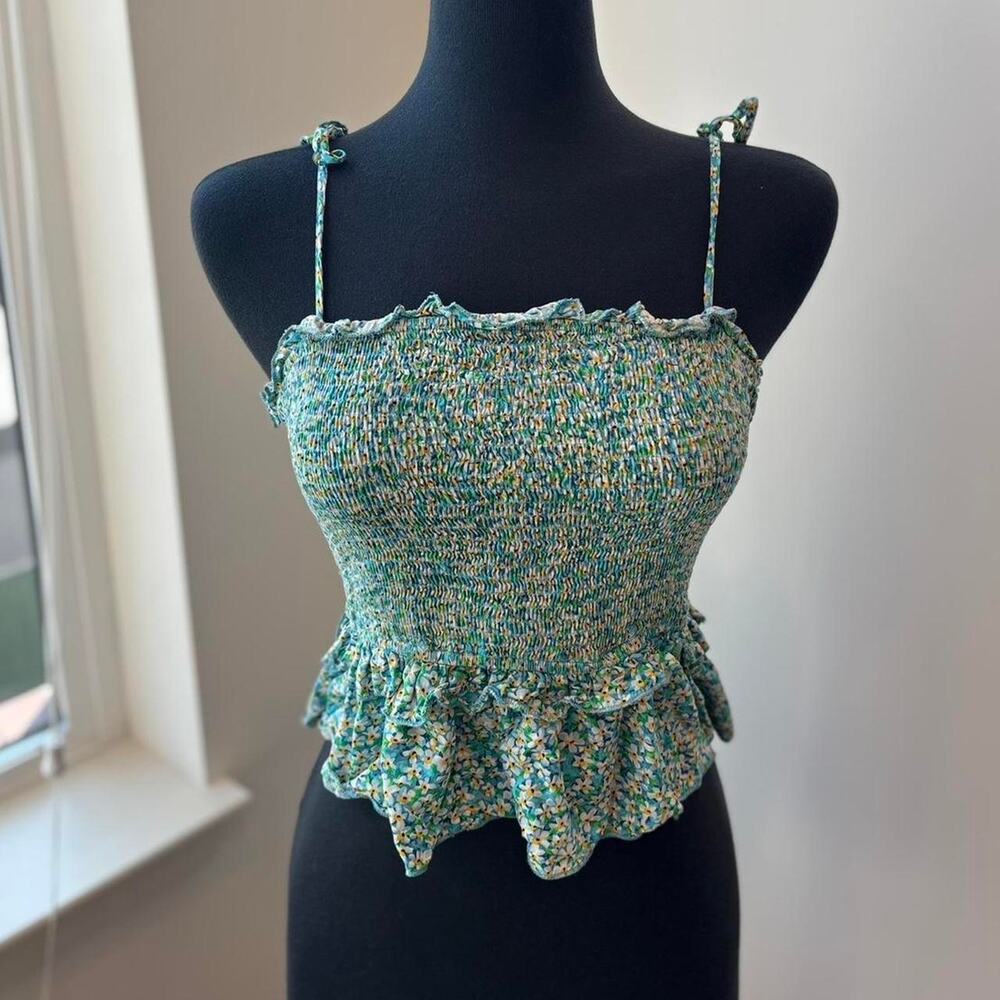 Love M Cropped Babydoll Blue and Yellow Floral Ribbed Tank Top, Bowties Size L